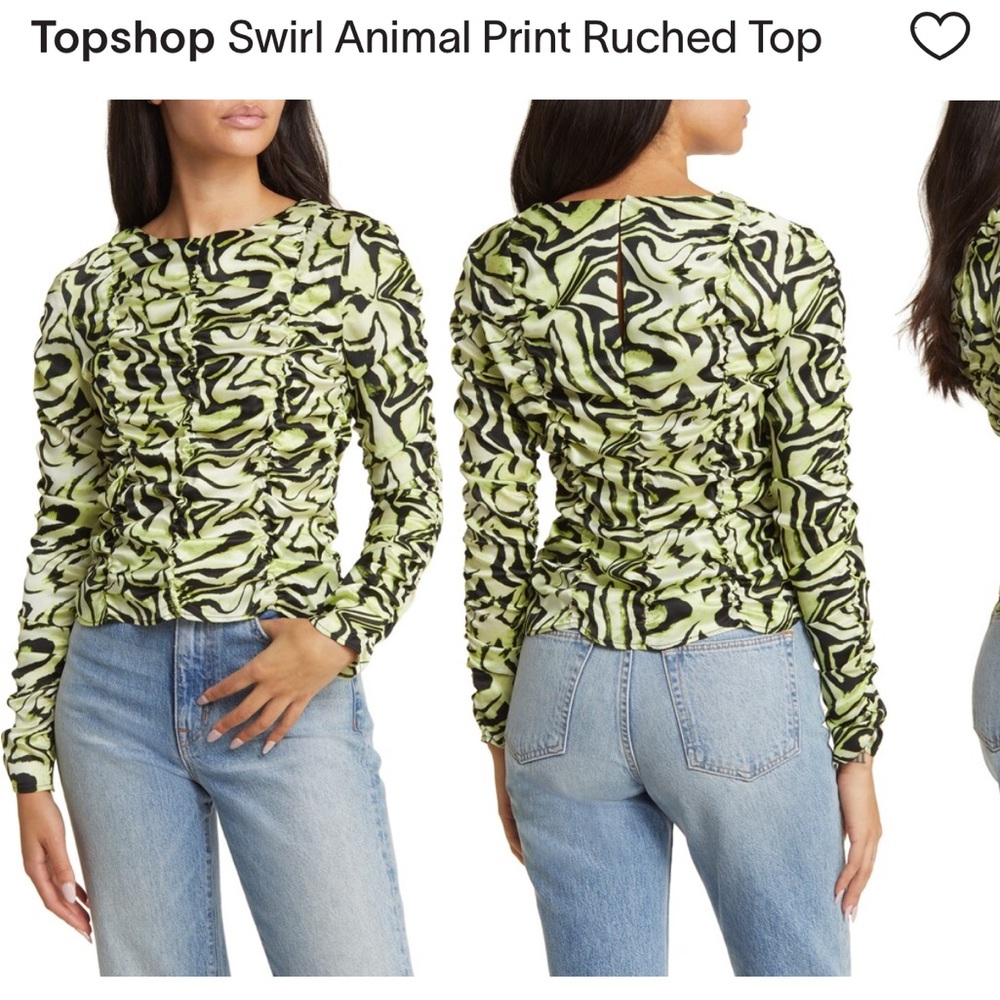 Topshop Green and White Ruched Long Sleeve Blouse